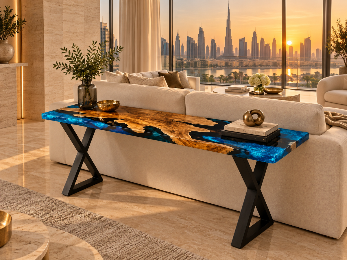 Azure River Epoxy Console Table – Live Edge Wood Entryway Table