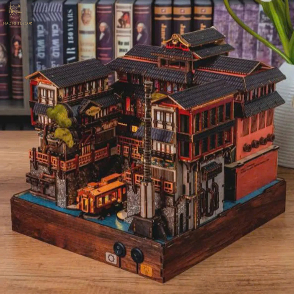 Japanese Onsen Miniature House Kit, Birch Wood Hot Spring Town, Ambient Lighting Book Nook