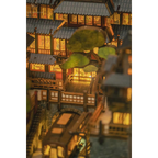Japanese Onsen Miniature House Kit, Birch Wood Hot Spring Town, Ambient Lighting Book Nook