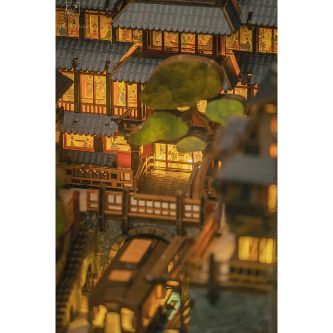Japanese Onsen Miniature House Kit, Birch Wood Hot Spring Town, Ambient Lighting Book Nook