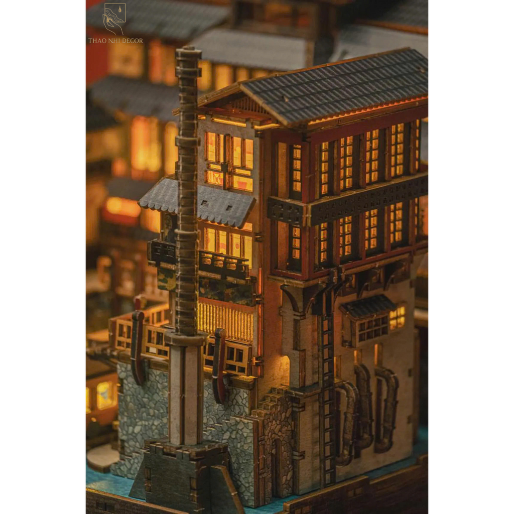 Japanese Onsen Miniature House Kit, Birch Wood Hot Spring Town, Ambient Lighting Book Nook