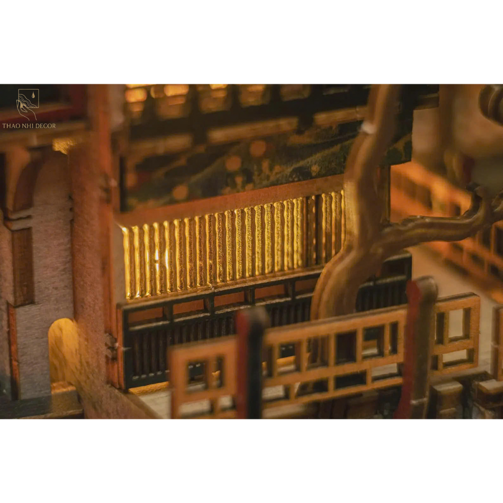 Japanese Onsen Miniature House Kit, Birch Wood Hot Spring Town, Ambient Lighting Book Nook