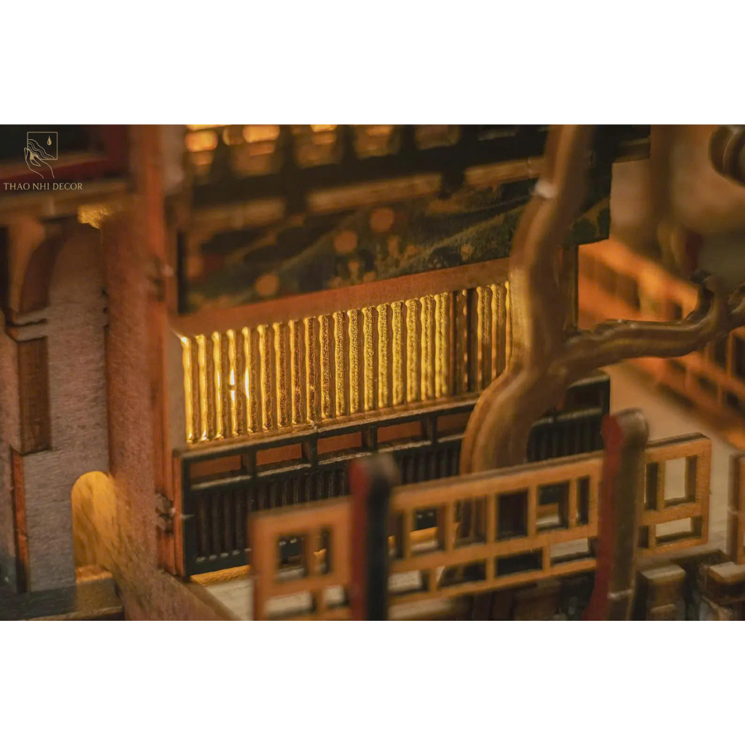 Japanese Onsen Miniature House Kit, Birch Wood Hot Spring Town, Ambient Lighting Book Nook