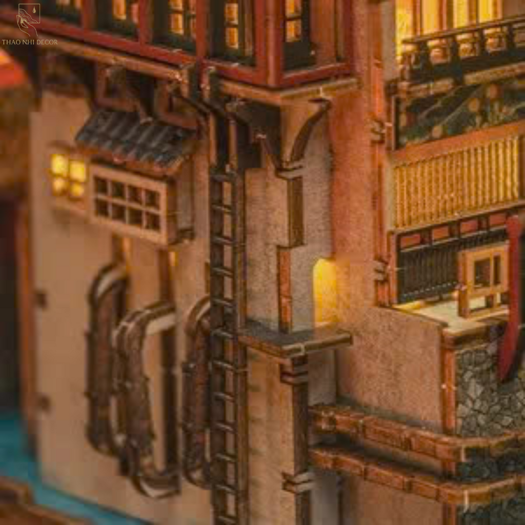 Japanese Onsen Miniature House Kit, Birch Wood Hot Spring Town, Ambient Lighting Book Nook