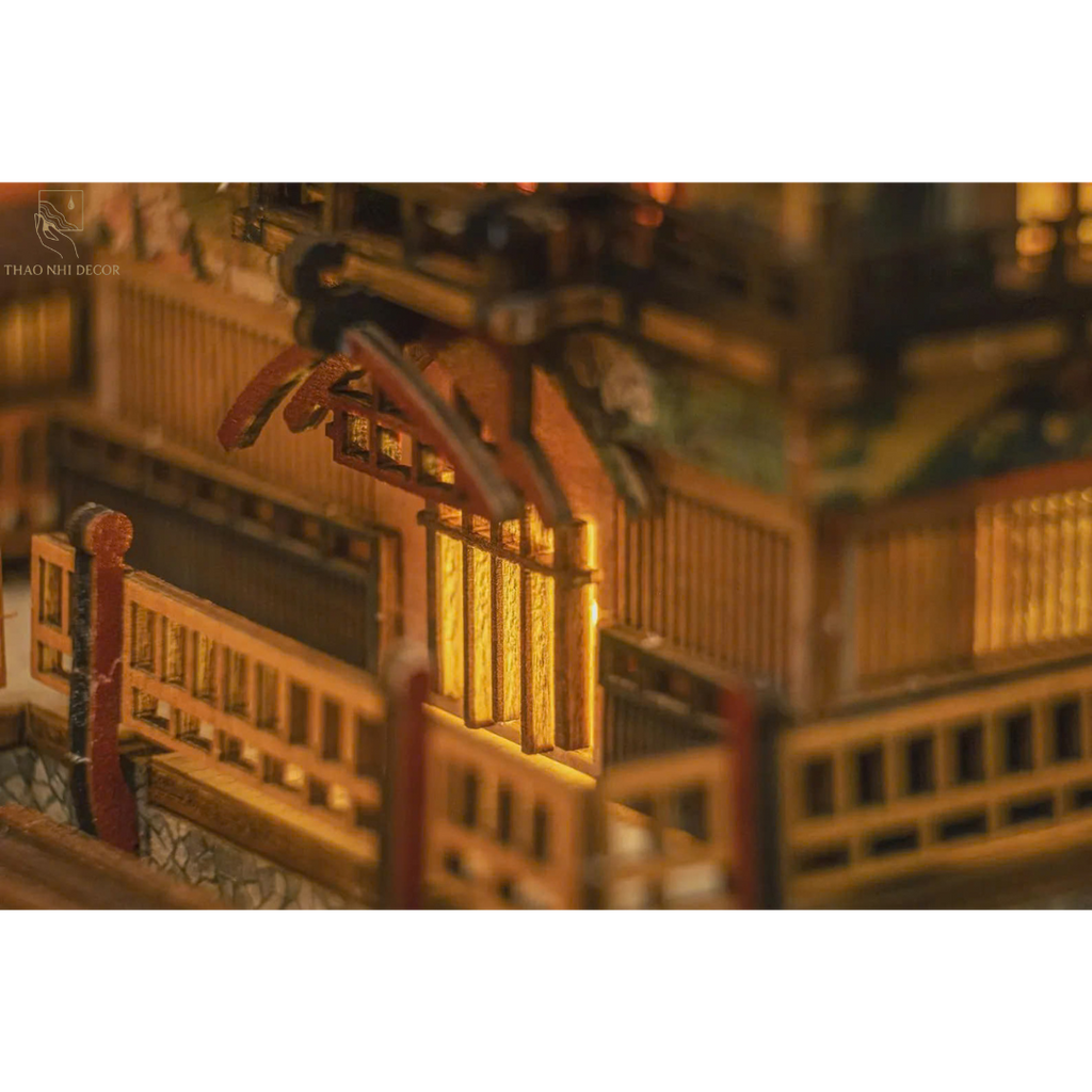 Japanese Onsen Miniature House Kit, Birch Wood Hot Spring Town, Ambient Lighting Book Nook