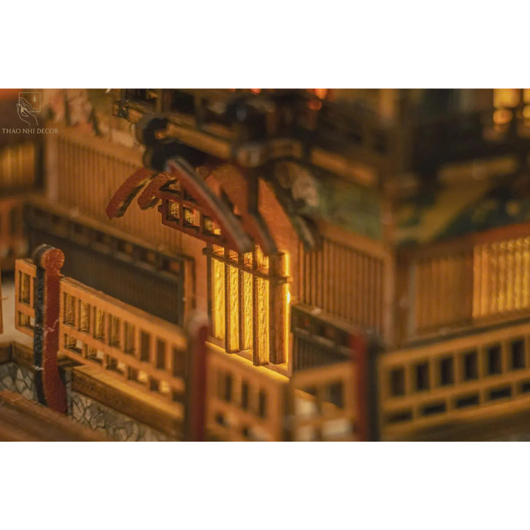 Japanese Onsen Miniature House Kit, Birch Wood Hot Spring Town, Ambient Lighting Book Nook