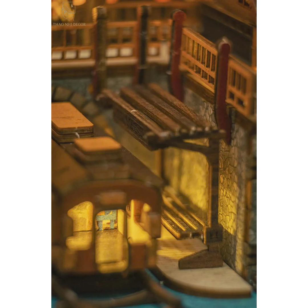 Japanese Onsen Miniature House Kit, Birch Wood Hot Spring Town, Ambient Lighting Book Nook