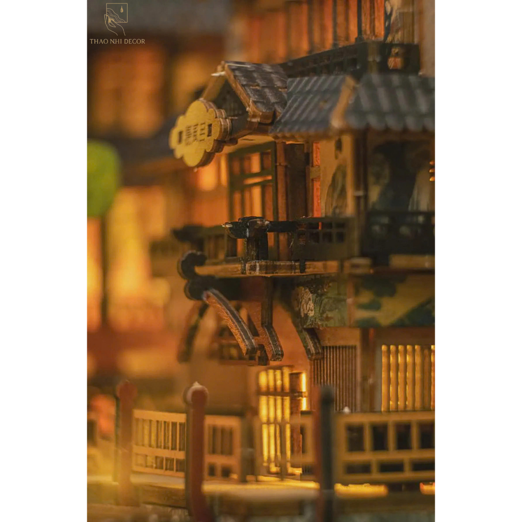 Japanese Onsen Miniature House Kit, Birch Wood Hot Spring Town, Ambient Lighting Book Nook