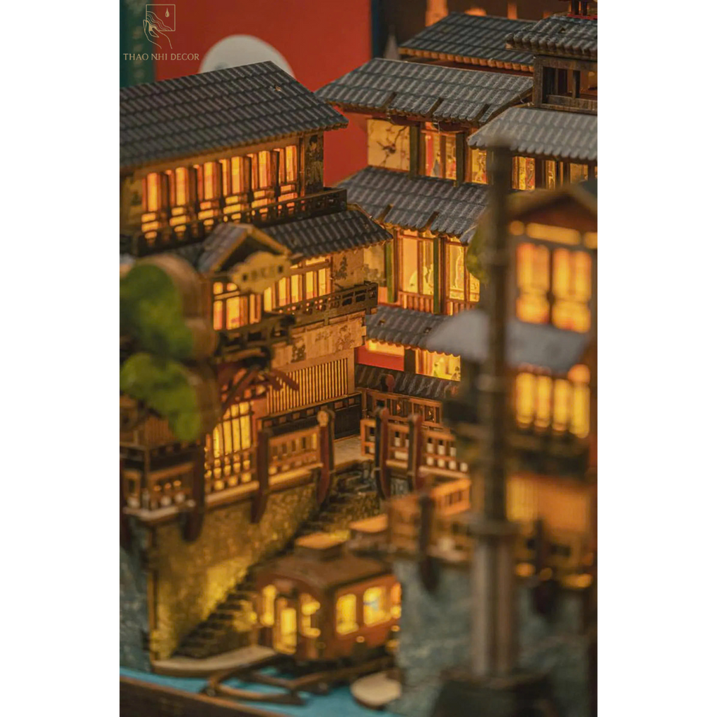 Japanese Onsen Miniature House Kit, Birch Wood Hot Spring Town, Ambient Lighting Book Nook
