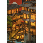 Japanese Onsen Miniature House Kit, Birch Wood Hot Spring Town, Ambient Lighting Book Nook