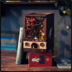 JiuFen Old Street Book Nook Kit, Wooden Miniature Bookshelf Insert with LED Lights