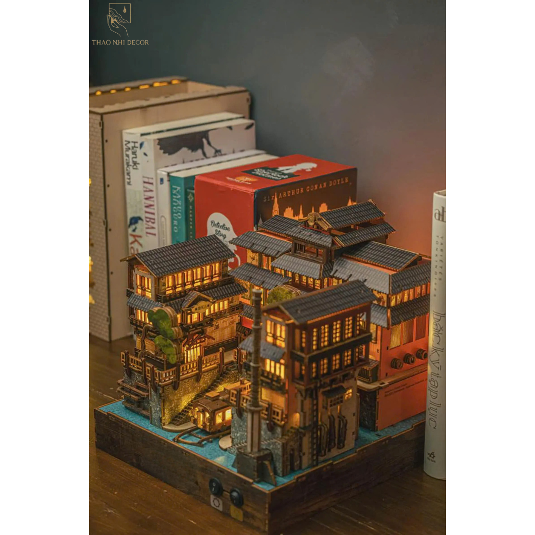 Japanese Onsen Miniature House Kit, Birch Wood Hot Spring Town, Ambient Lighting Book Nook