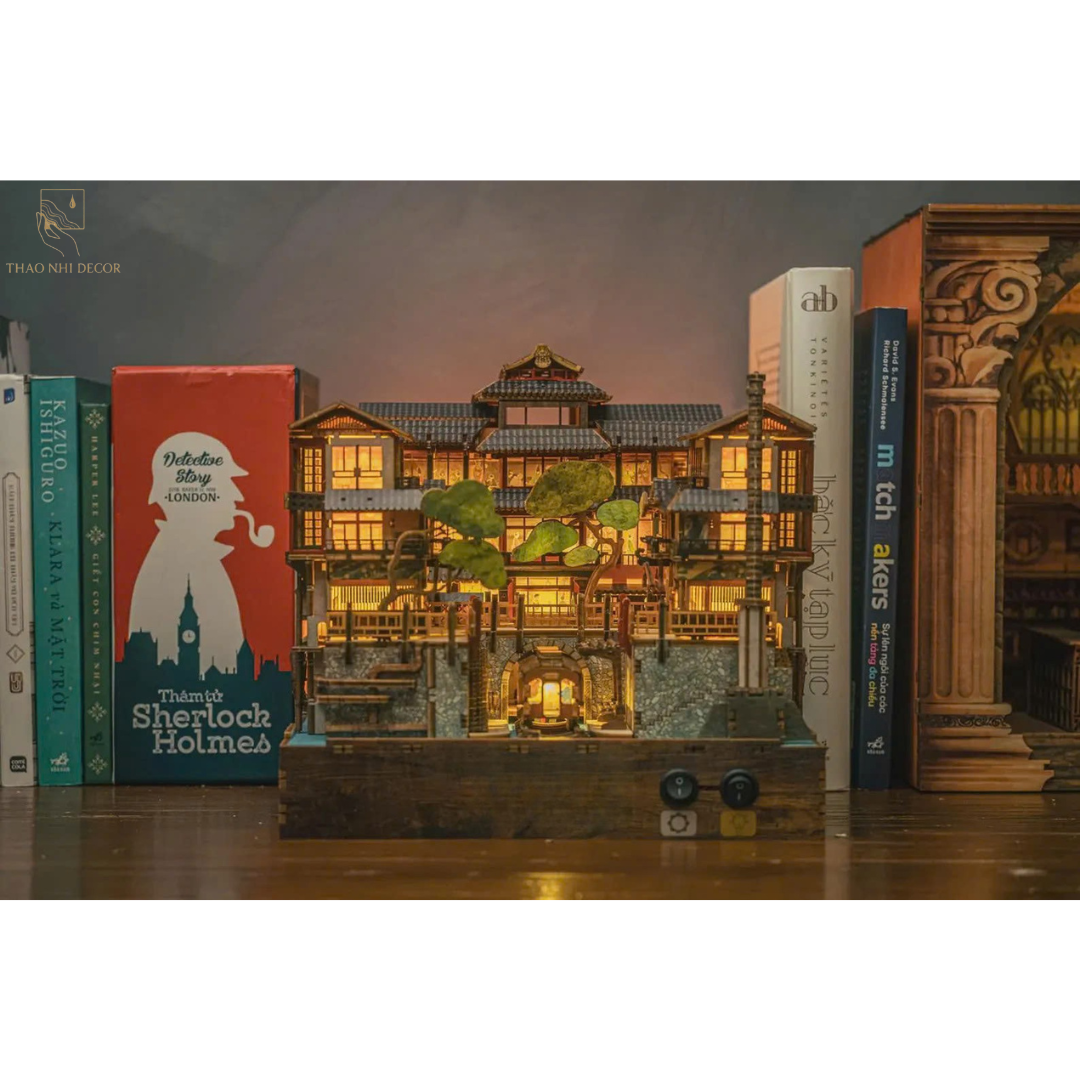 Japanese Onsen Miniature House Kit, Birch Wood Hot Spring Town, Ambient Lighting Book Nook