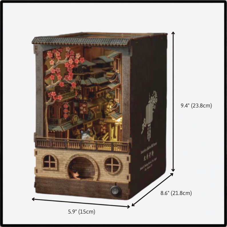 JiuFen Old Street Book Nook Kit, Wooden Miniature Bookshelf Insert with LED Lights