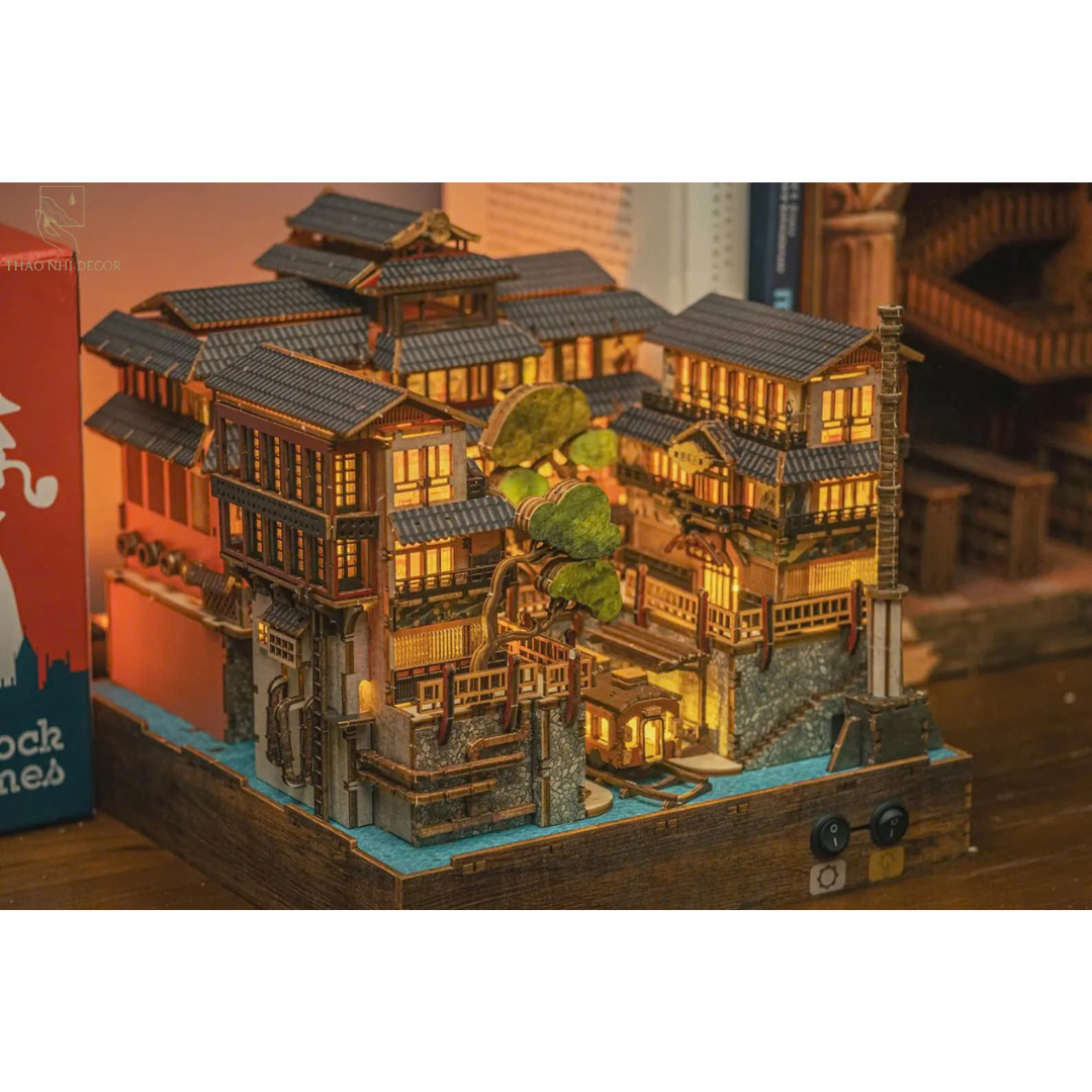 Japanese Onsen Miniature House Kit, Birch Wood Hot Spring Town, Ambient Lighting Book Nook