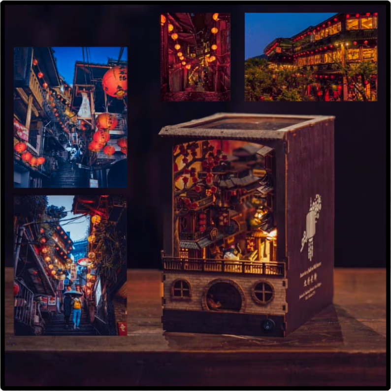 JiuFen Old Street Book Nook Kit, Wooden Miniature Bookshelf Insert with LED Lights