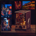 JiuFen Old Street Book Nook Kit, Wooden Miniature Bookshelf Insert with LED Lights