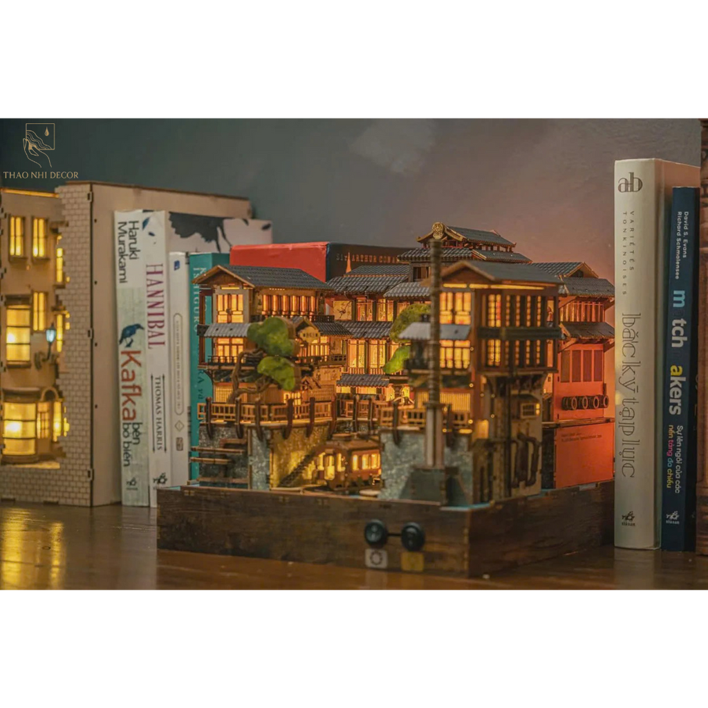Japanese Onsen Miniature House Kit, Birch Wood Hot Spring Town, Ambient Lighting Book Nook