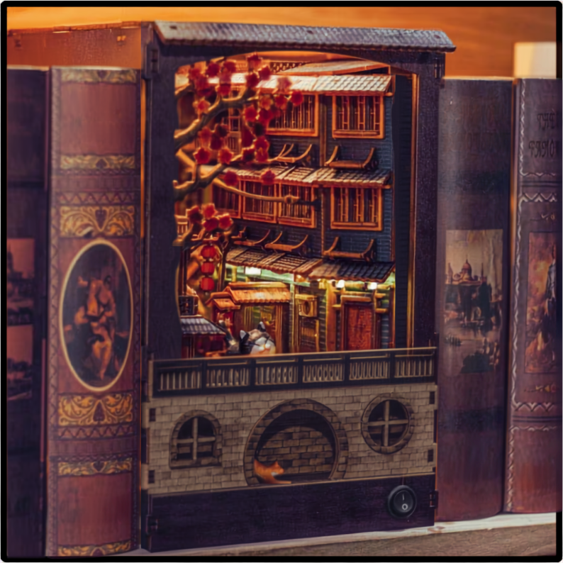 JiuFen Old Street Book Nook Kit, Wooden Miniature Bookshelf Insert with LED Lights