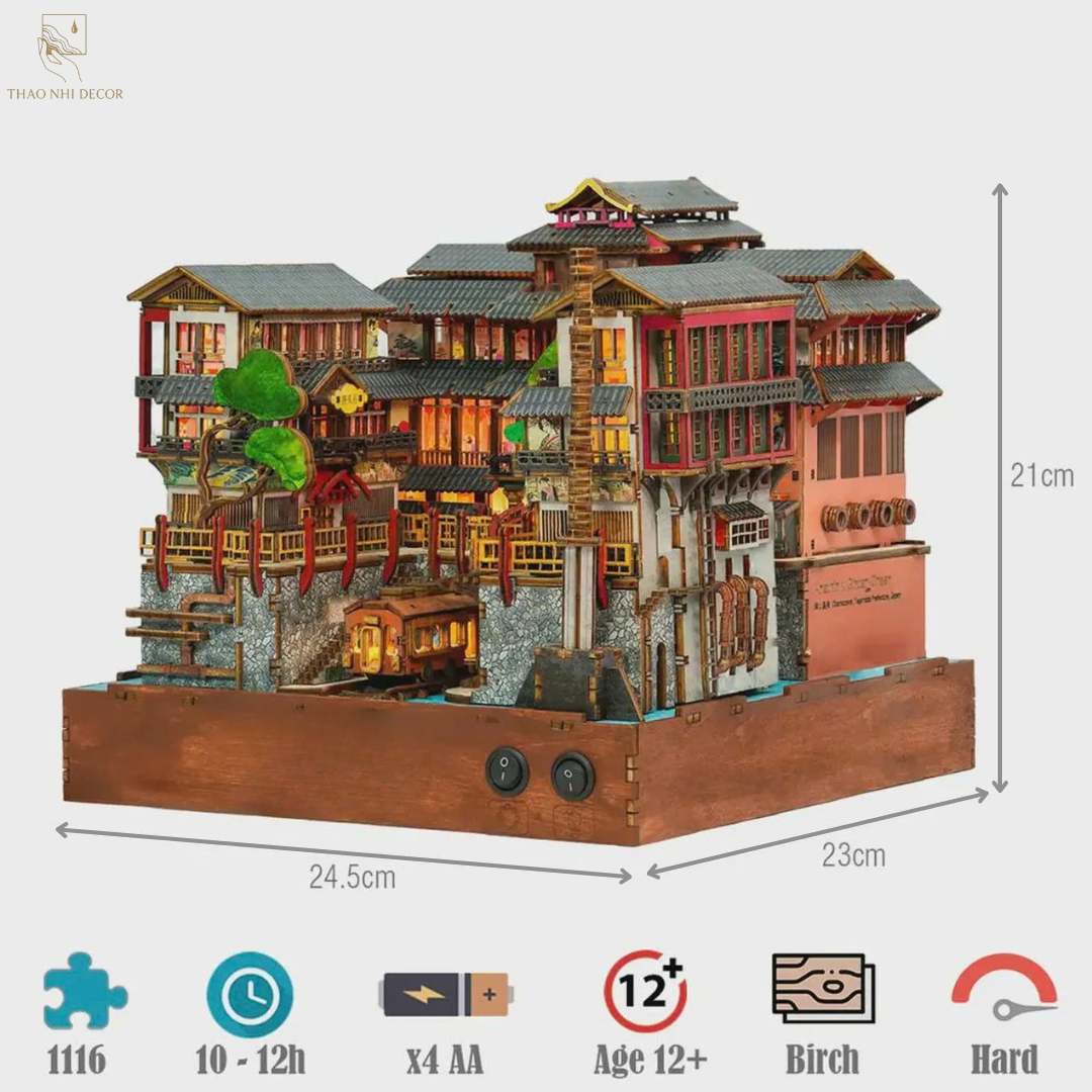 Japanese Onsen Miniature House Kit, Birch Wood Hot Spring Town, Ambient Lighting Book Nook