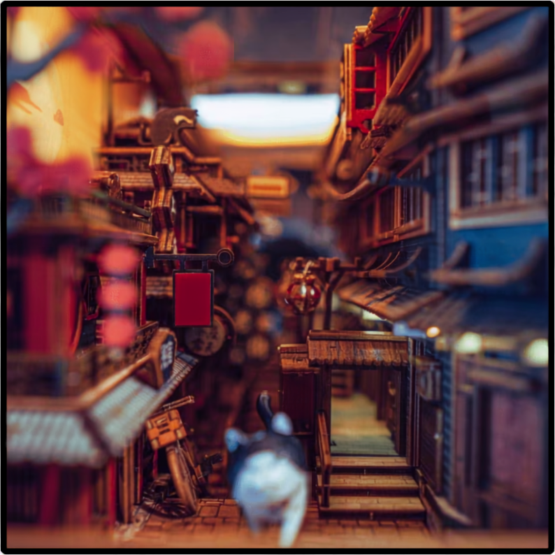 JiuFen Old Street Book Nook Kit, Wooden Miniature Bookshelf Insert with LED Lights