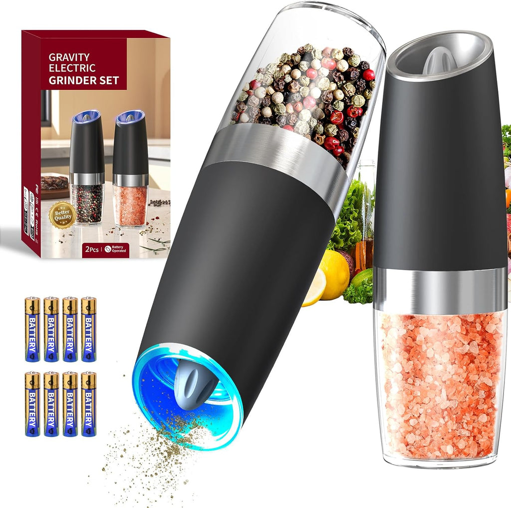 Gravity Electric Salt & Pepper Grinder Set – Automatic Battery-Operated Mills with LED Light & Adjustable Coarseness