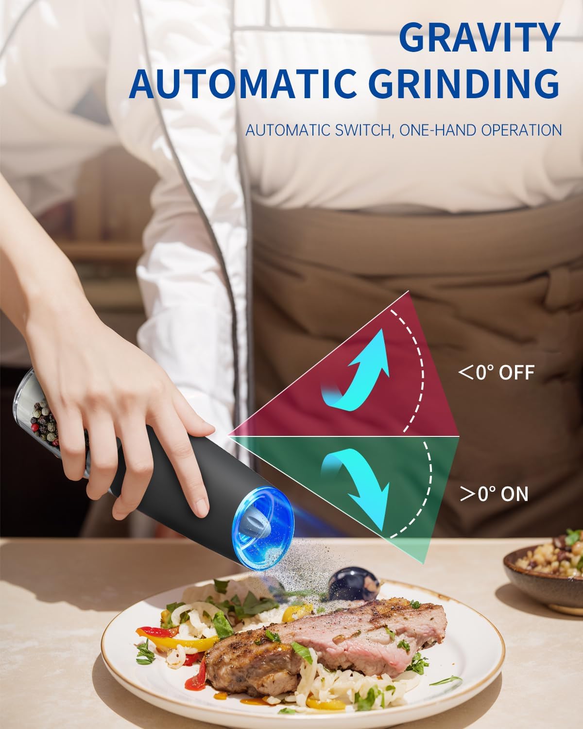 Gravity Electric Salt & Pepper Grinder Set – Automatic Battery-Operated Mills with LED Light & Adjustable Coarseness