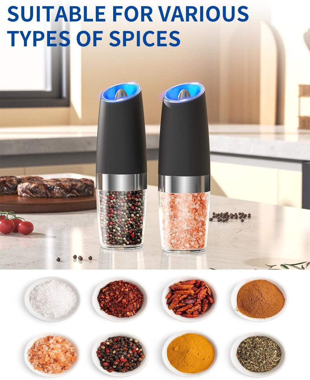 Gravity Electric Salt & Pepper Grinder Set – Automatic Battery-Operated Mills with LED Light & Adjustable Coarseness