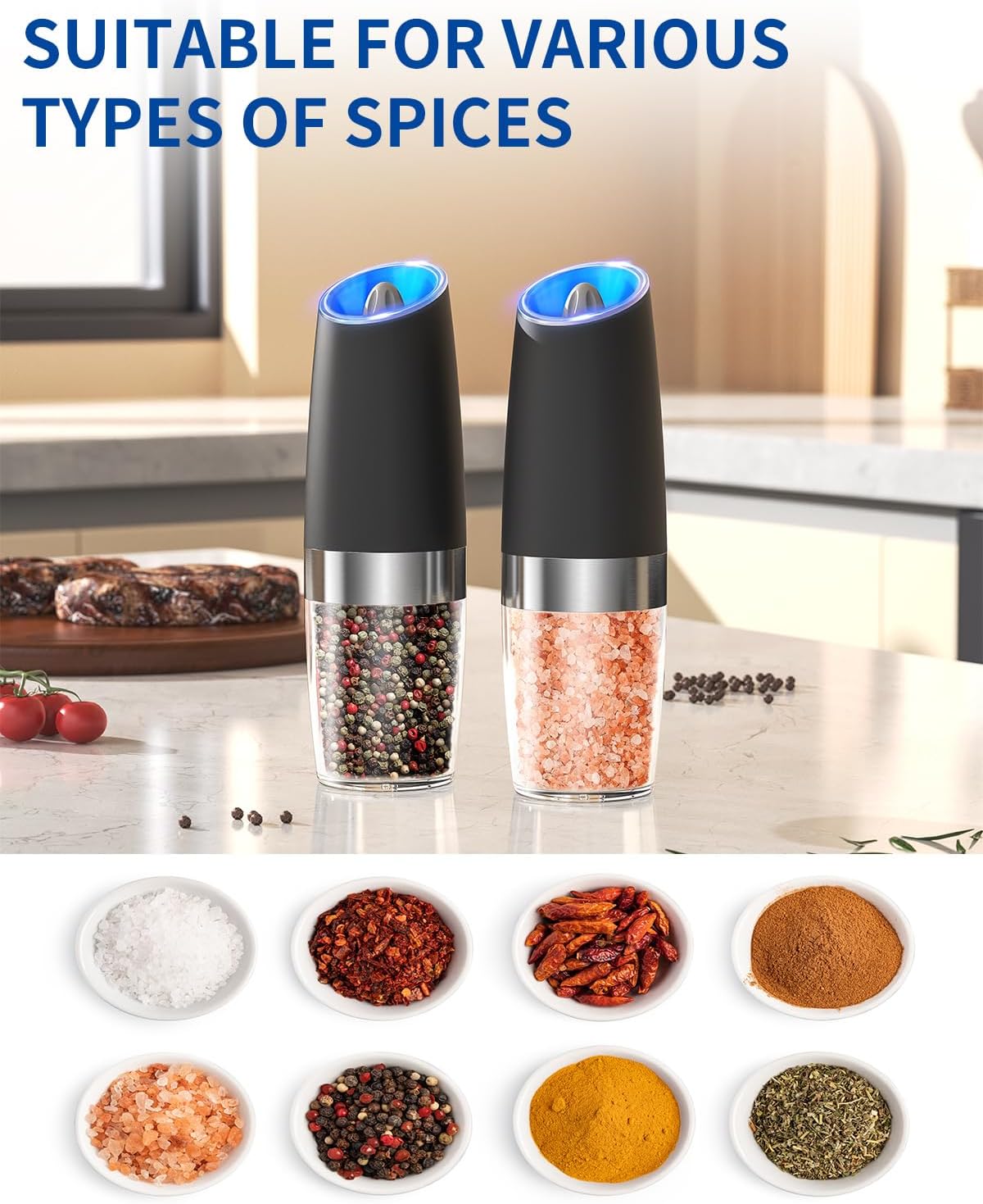 Gravity Electric Salt & Pepper Grinder Set – Automatic Battery-Operated Mills with LED Light & Adjustable Coarseness