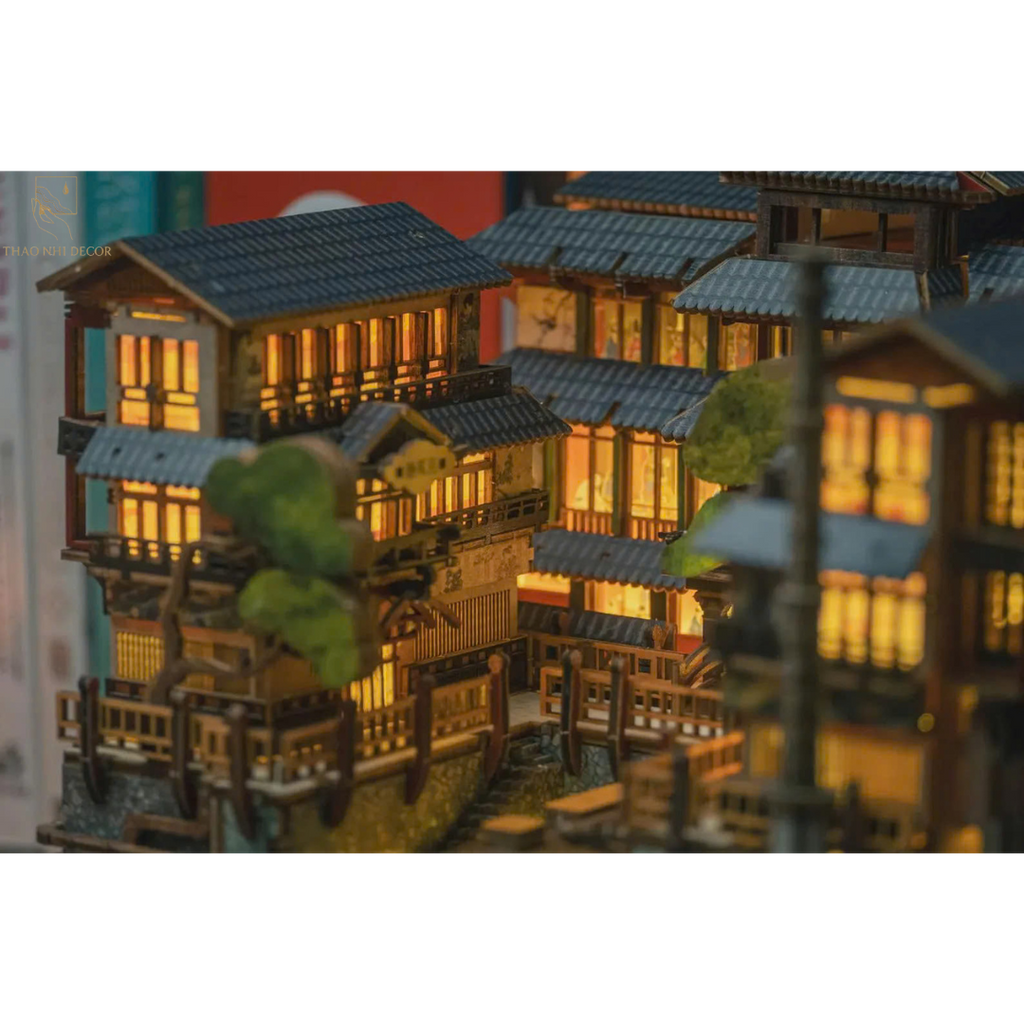 Japanese Onsen Miniature House Kit, Birch Wood Hot Spring Town, Ambient Lighting Book Nook
