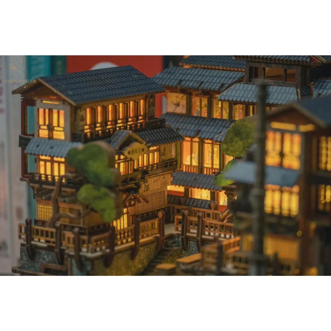 Japanese Onsen Miniature House Kit, Birch Wood Hot Spring Town, Ambient Lighting Book Nook