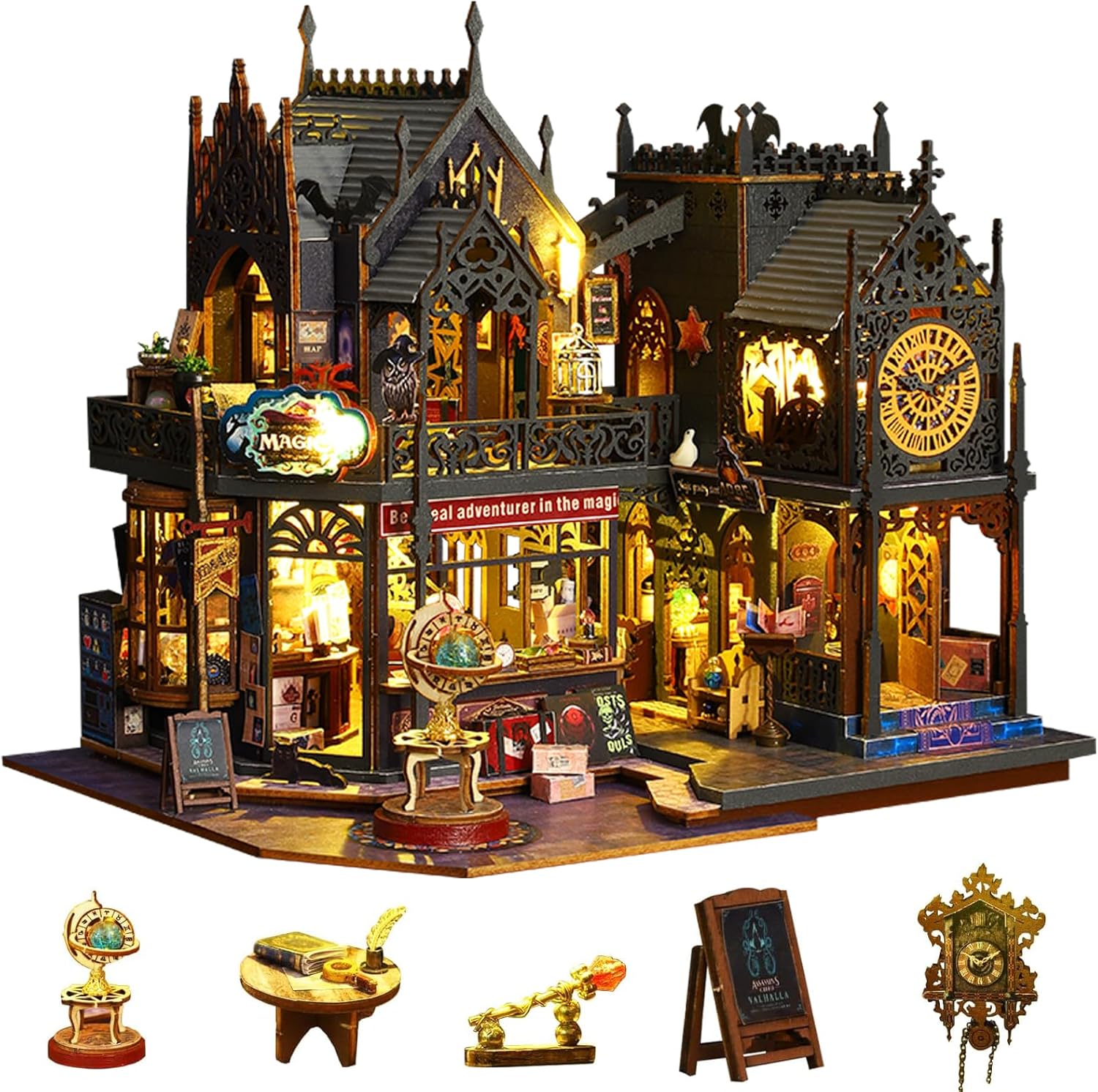 Holo Magic City Miniature House Kit, Gothic Potion Shop 3D Wooden Puzzle (LED Lights)