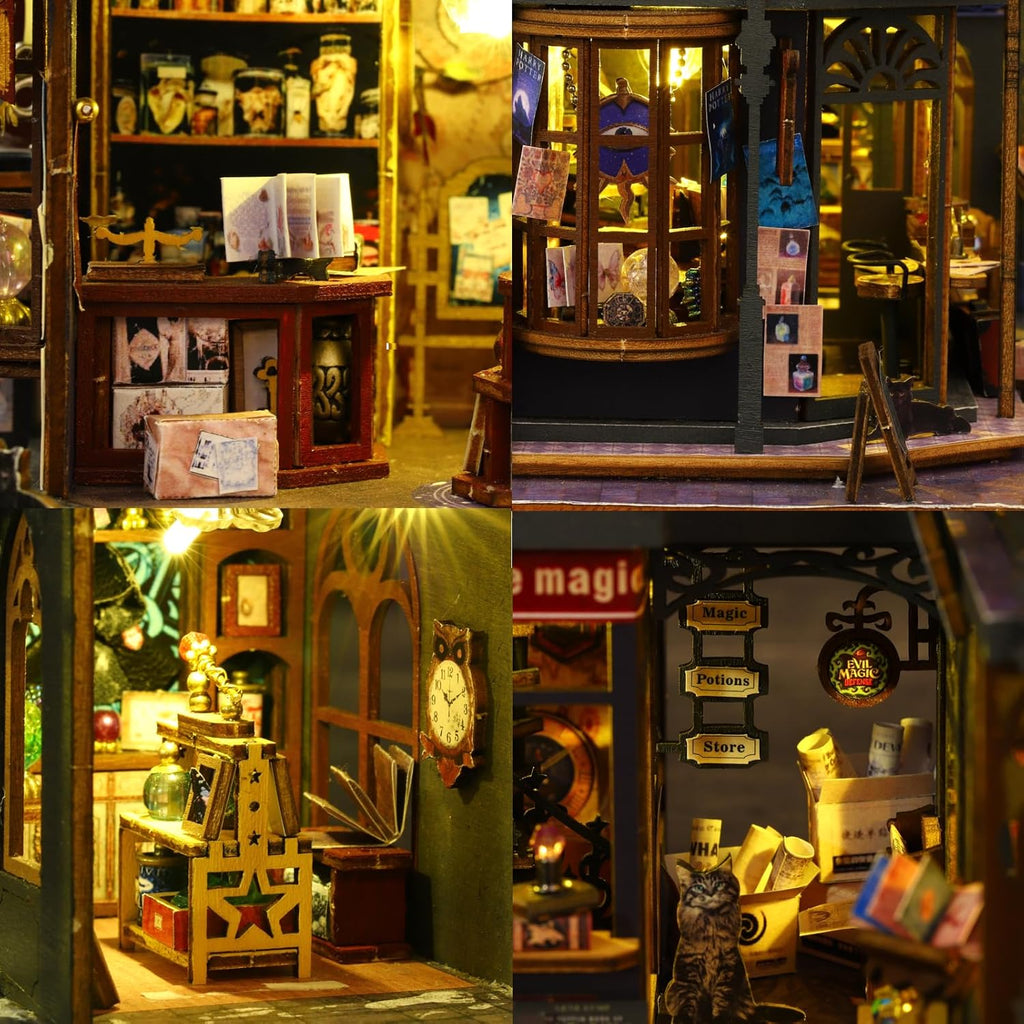 Holo Magic City Miniature House Kit, Gothic Potion Shop 3D Wooden Puzzle (LED Lights)