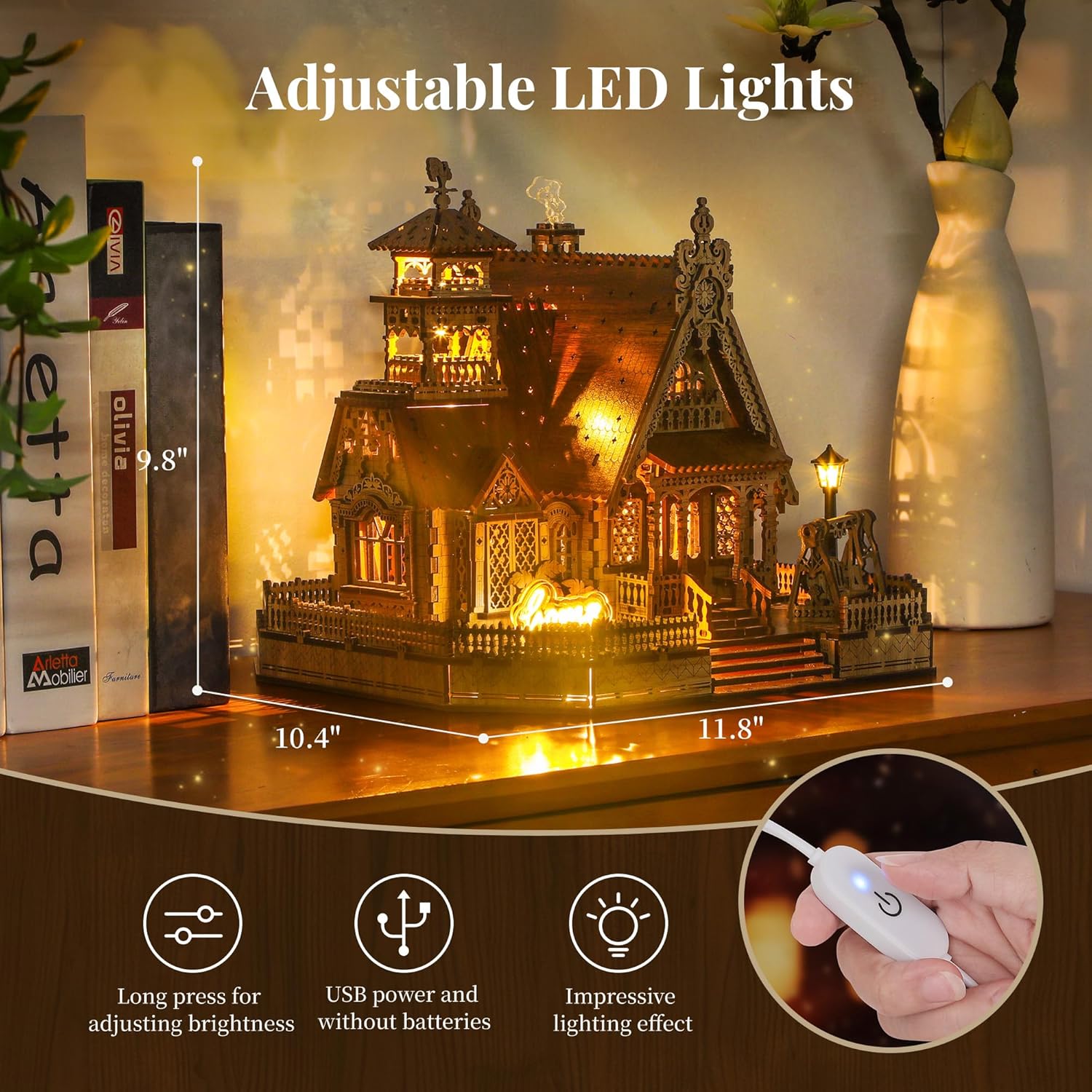 豪華 LED 鄉村小屋微縮模型套件，木製 DIY 房屋，舒適家居裝飾，可調光，送給她的浪漫禮物