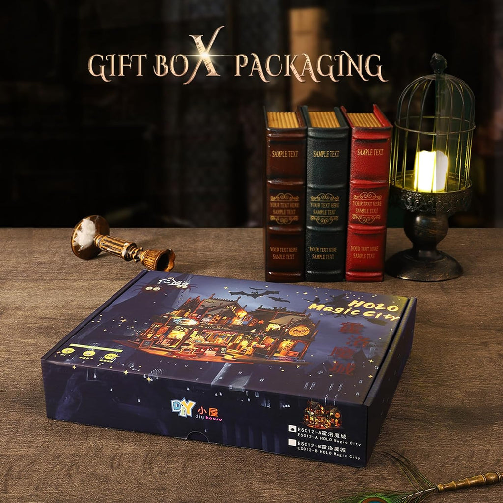 Holo Magic City Miniature House Kit, Gothic Potion Shop 3D Wooden Puzzle (LED Lights)
