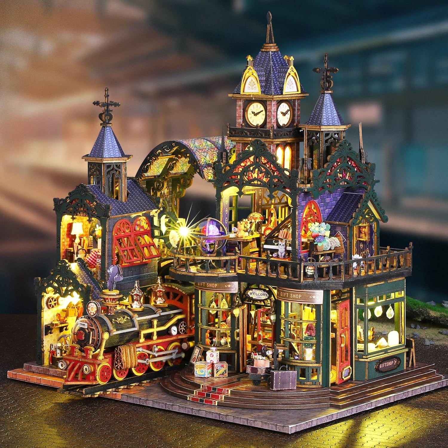 Steampunk Train Station DIY Miniature Kit, 3D Wooden Puzzle, Music & Lights, Victorian Style Collectible Craft, Book Nook Decor, Hobby Gift