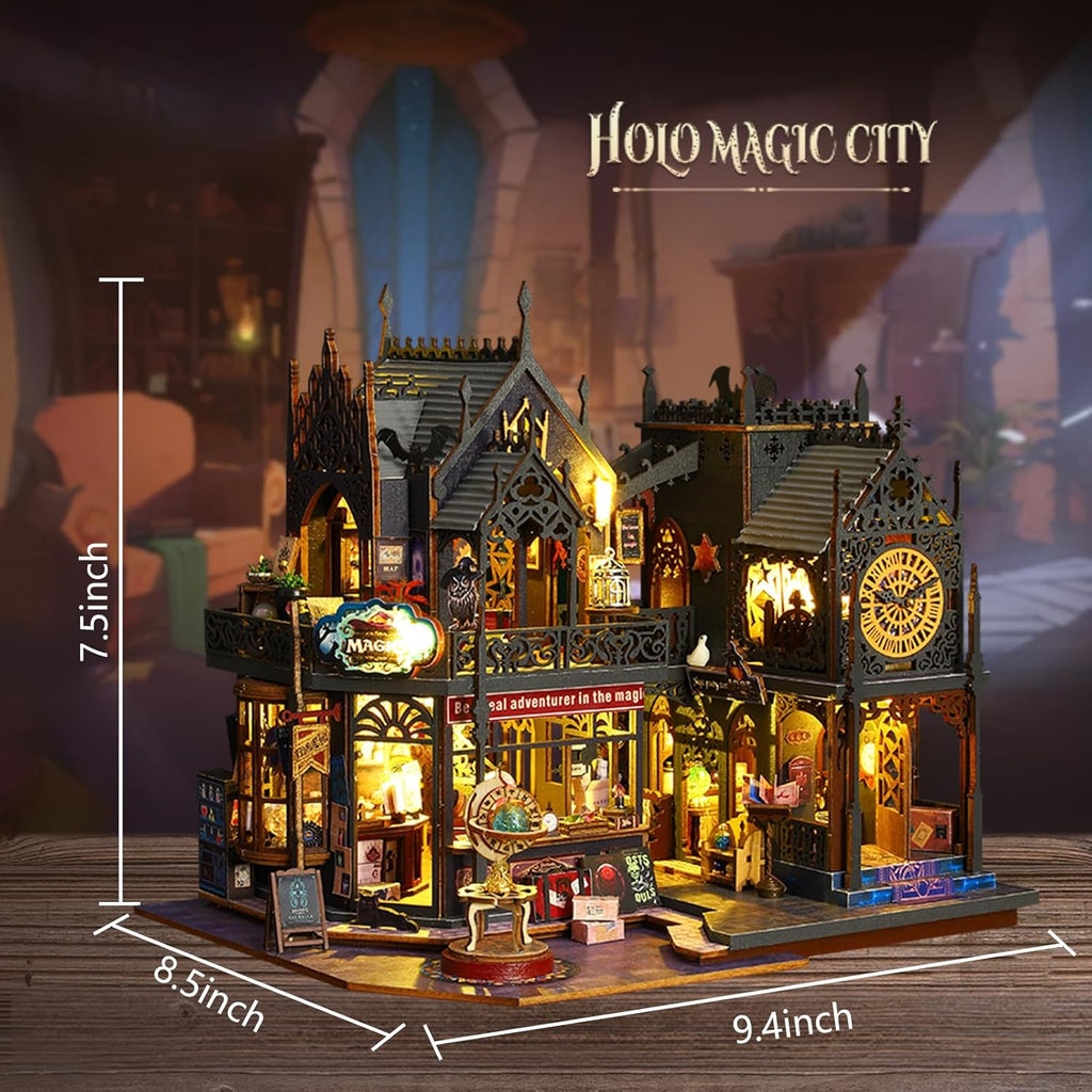 Holo Magic City Miniature House Kit, Gothic Potion Shop 3D Wooden Puzzle (LED Lights)