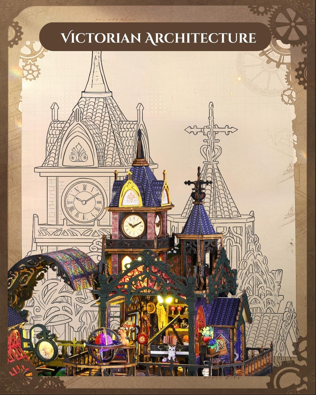 Steampunk Train Station DIY Miniature Kit, 3D Wooden Puzzle, Music & Lights, Victorian Style Collectible Craft, Book Nook Decor, Hobby Gift
