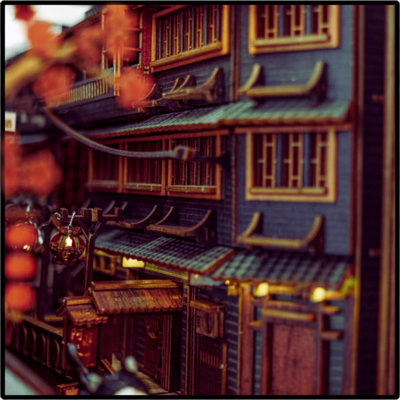 JiuFen Old Street Book Nook Kit, Wooden Miniature Bookshelf Insert with LED Lights