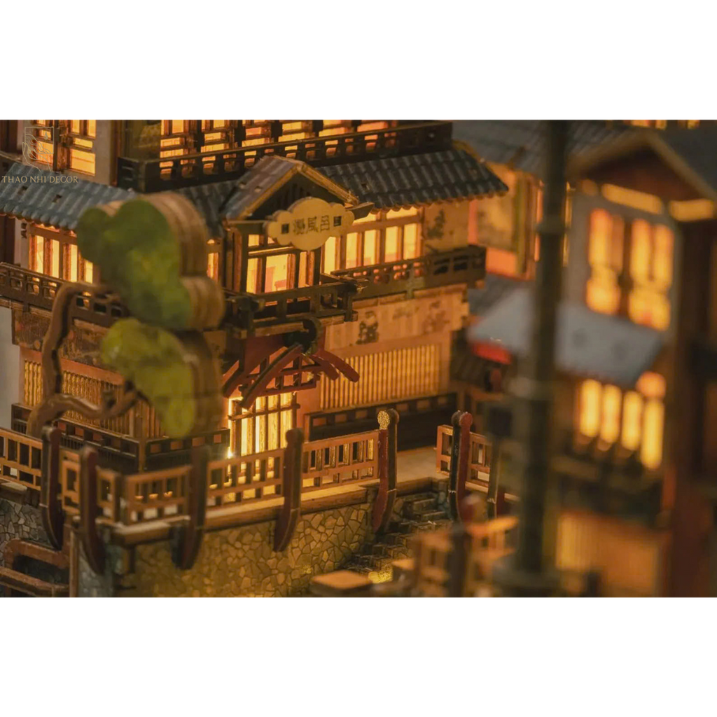 Japanese Onsen Miniature House Kit, Birch Wood Hot Spring Town, Ambient Lighting Book Nook
