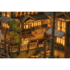Japanese Onsen Miniature House Kit, Birch Wood Hot Spring Town, Ambient Lighting Book Nook