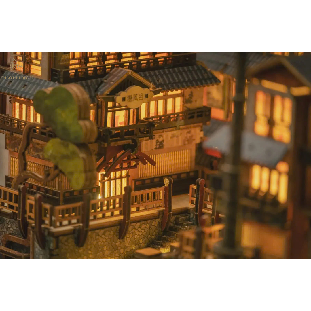 Japanese Onsen Miniature House Kit, Birch Wood Hot Spring Town, Ambient Lighting Book Nook