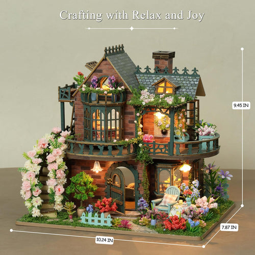 Garden House DIY Miniature Dollhouse Kit, LED Wooden Cottage Model, Floral Mini House Decor, Handmade Craft Gift