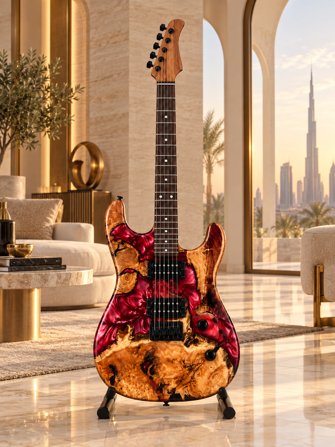 Crimson Flame Epoxy Wood Guitar Decor – Decorative Display Piece
