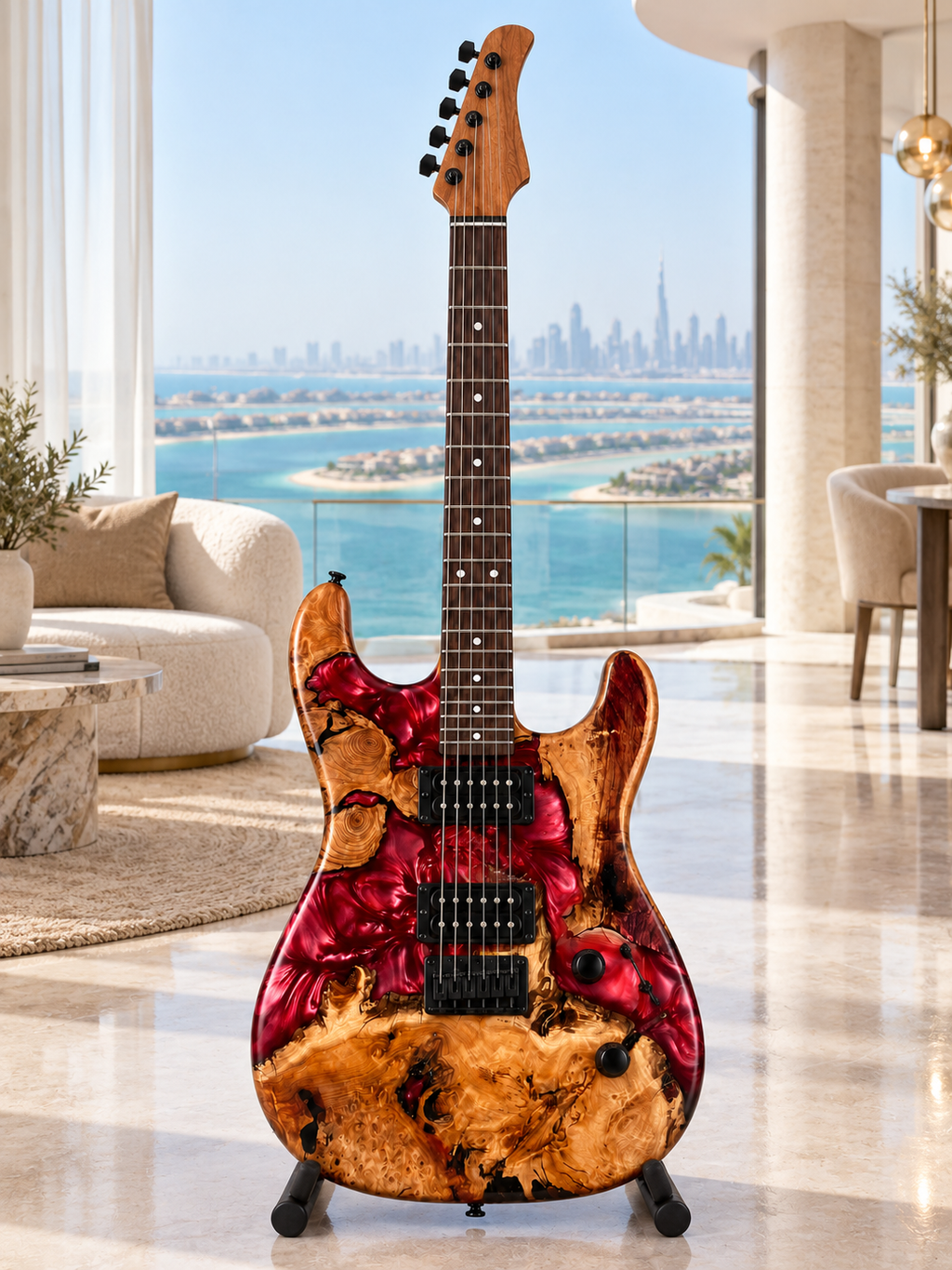 Crimson Flame Epoxy Wood Guitar Decor – Decorative Display Piece
