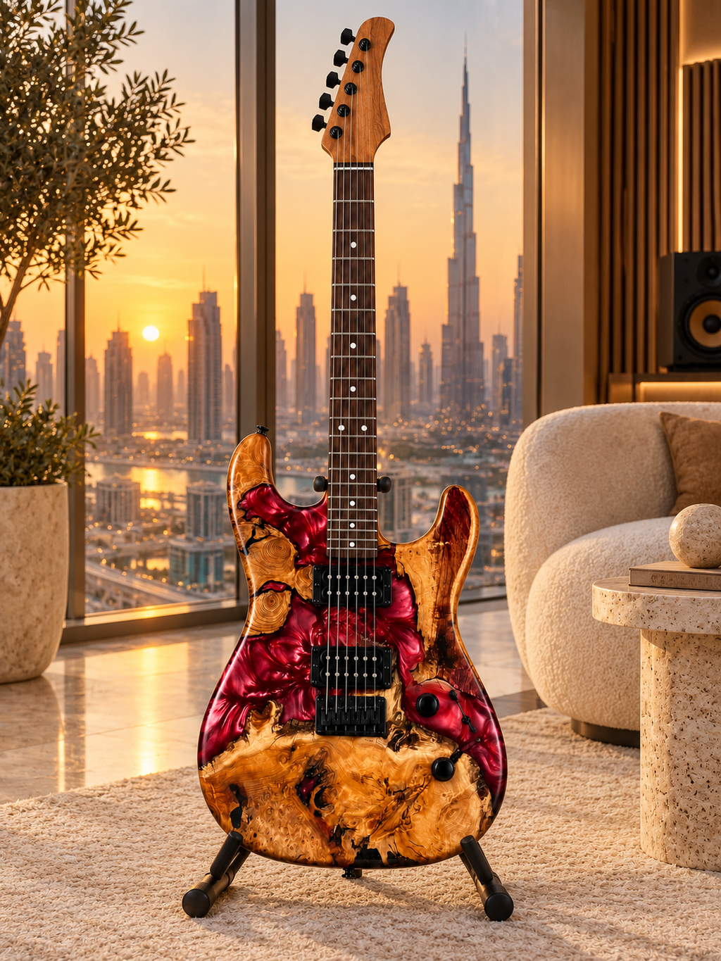 Crimson Flame Epoxy Wood Guitar Decor – Decorative Display Piece