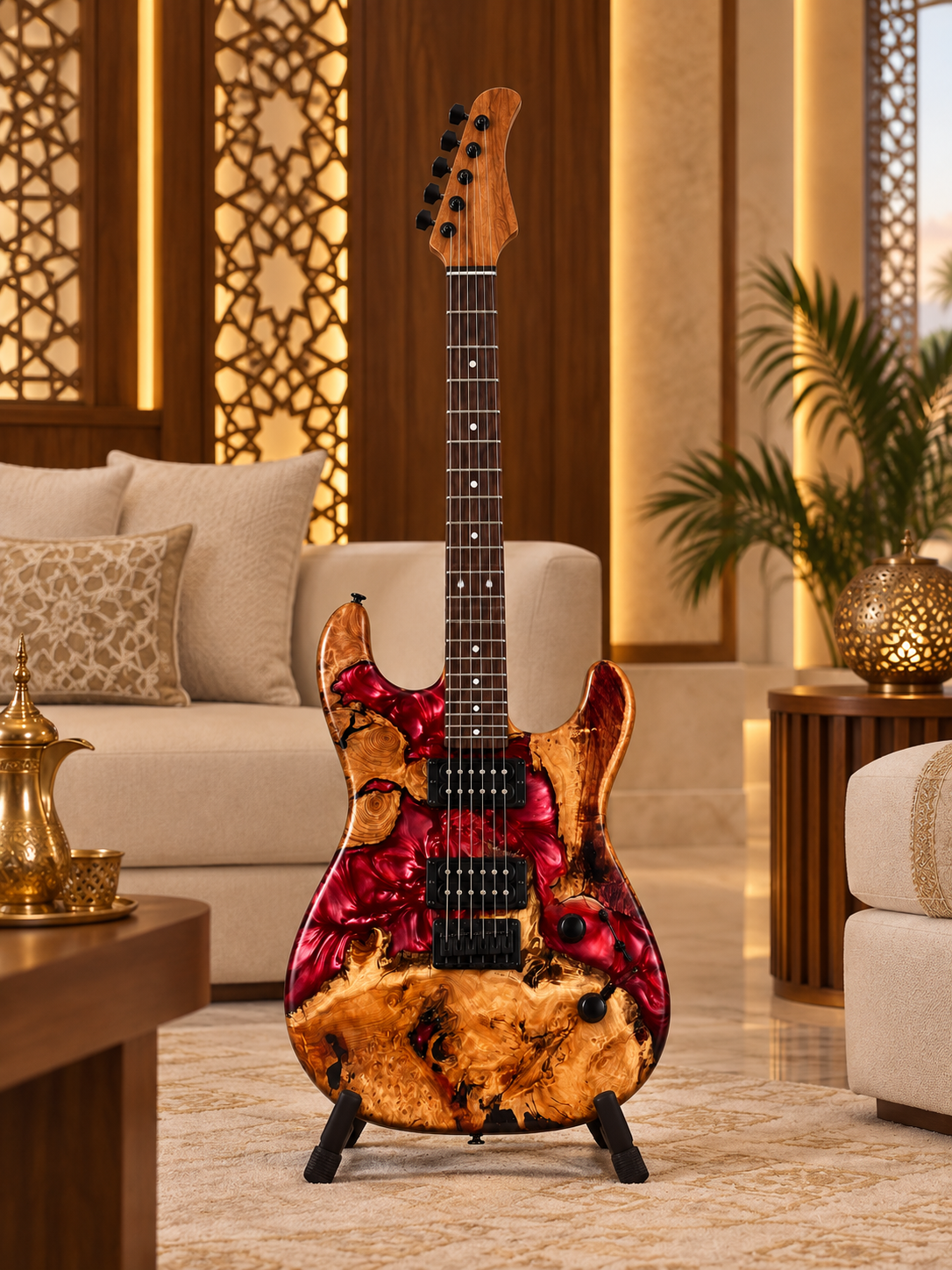 Crimson Flame Epoxy Wood Guitar Decor – Decorative Display Piece