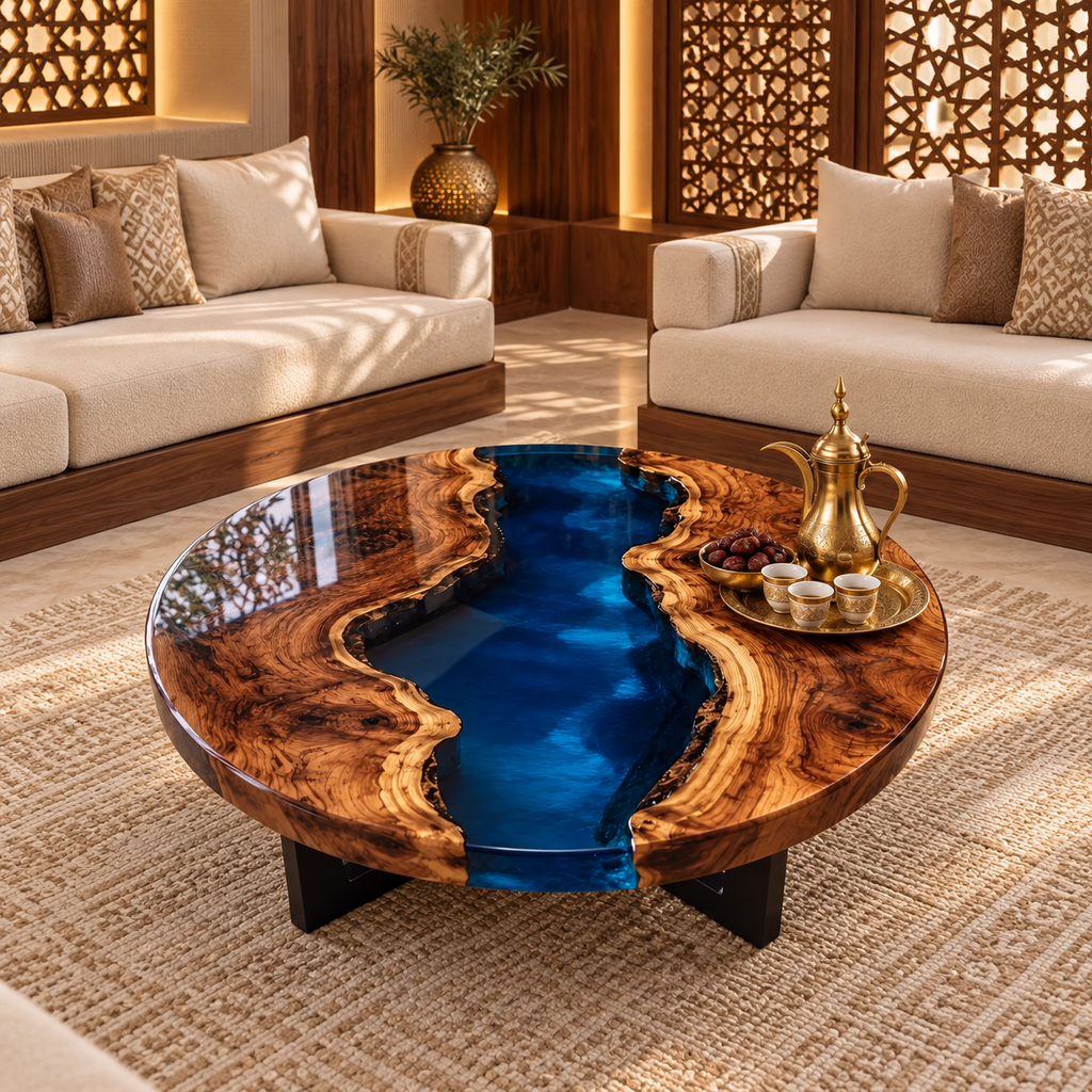 Midnight River Round Epoxy Coffee Table – Live Edge Wood Center Table