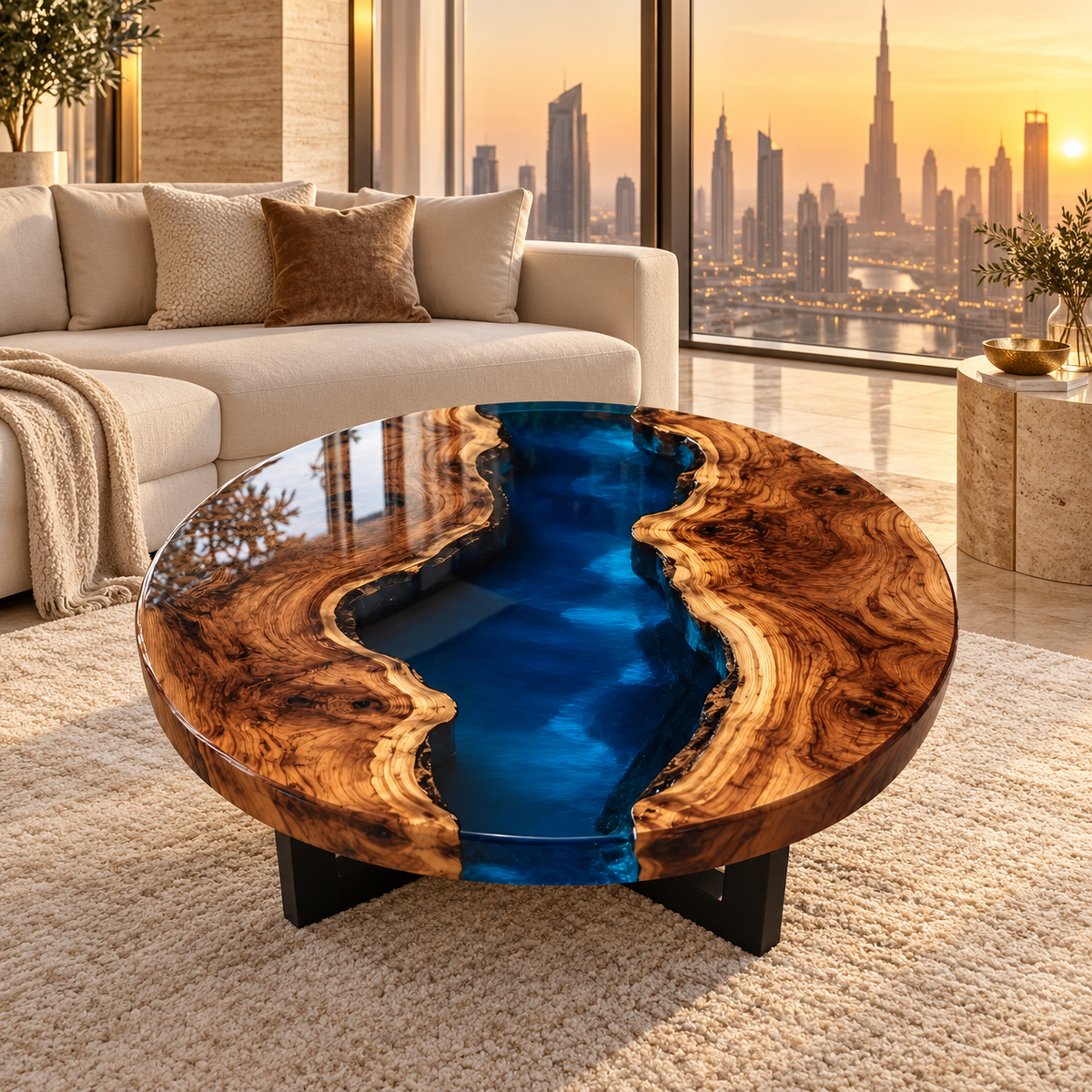 Midnight River Round Epoxy Coffee Table – Live Edge Wood Center Table