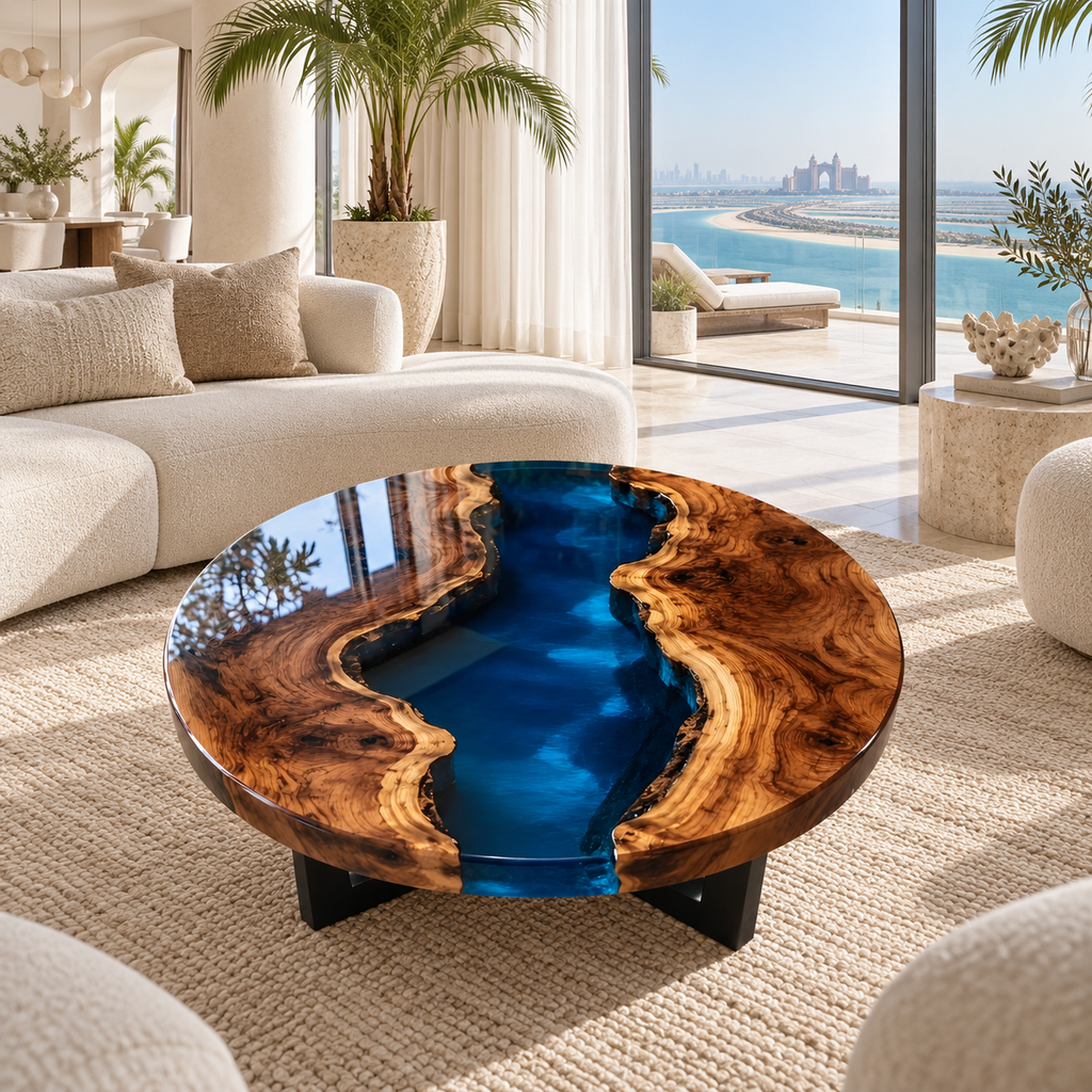 Midnight River Round Epoxy Coffee Table – Live Edge Wood Center Table